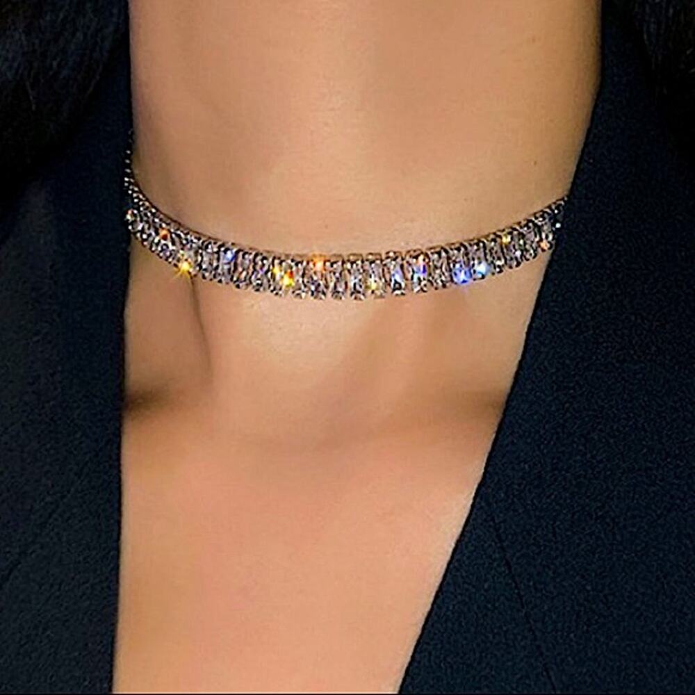 Sterling Silver Diamond Zircoin Rhinestone Choker Measures 18 In. Adjust 16"-18" - Picture 3 of 8